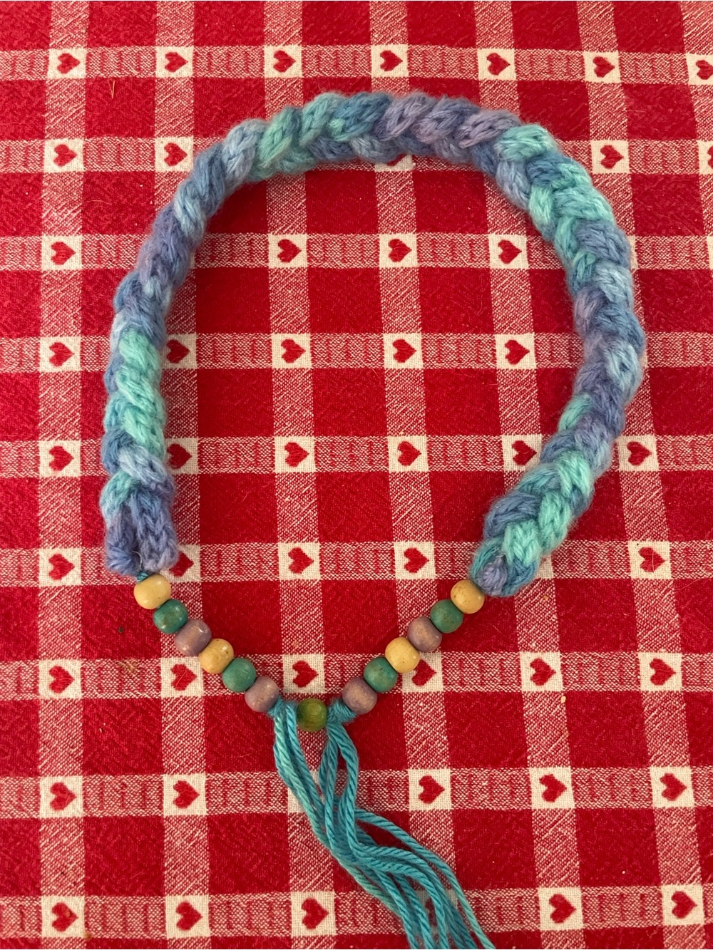 Handmade Braided Yarn Necklace/Headband with Wooden Beads - Blue & Teal